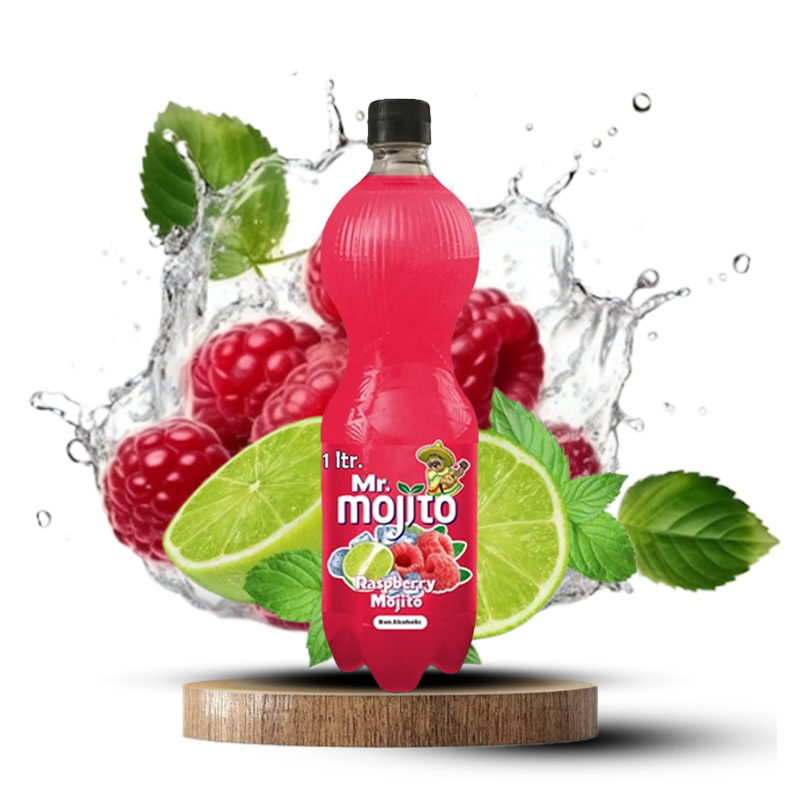 Mr. Mojito Raspberry Mojito 1-liter bottle, highlighted with vibrant raspberries, lime, and mint for a fruity, refreshing twist.